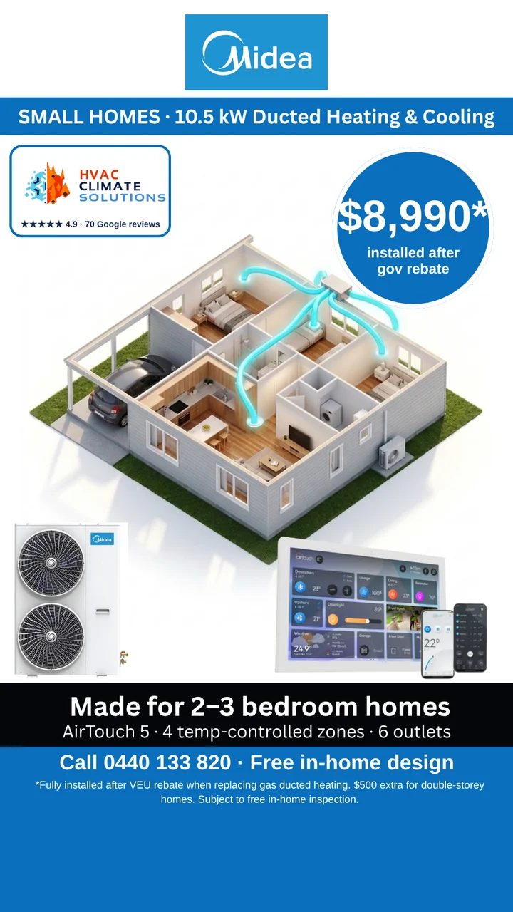 Midea 10.5kW Ducted Package ad, $8,990 installed after the VEU rebate