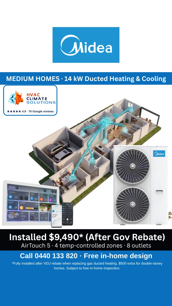 Midea 14kW Ducted Package ad, $9,490 installed after the VEU rebate