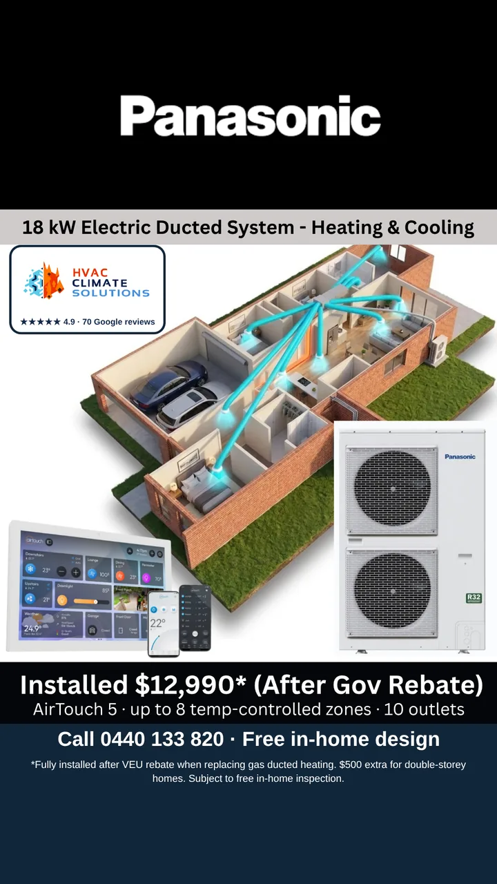Panasonic 18kW Ducted Package ad, $12,990 installed after the VEU rebate