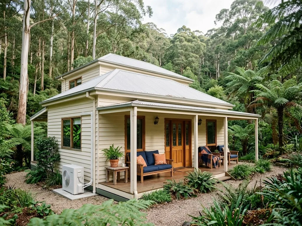 Weatherboard home among gum trees with an outdoor air conditioning unit at the side