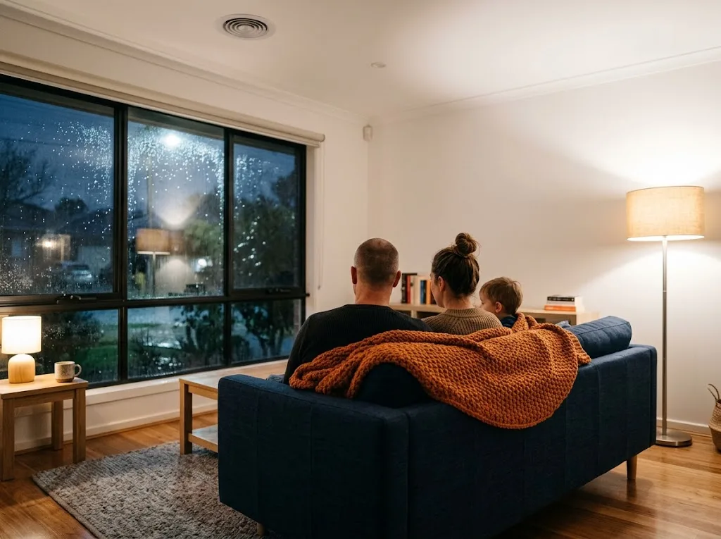 Family relaxing under a throw on the couch on a rainy winter evening, warmed by ducted heating
