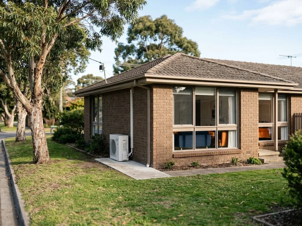 1970s brick-veneer family home on a leafy eastern-suburbs street with an outdoor air conditioning unit beside the house
