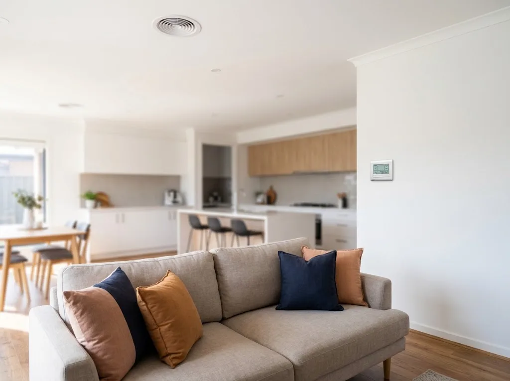 Bright open-plan living room and kitchen with a ceiling-mounted ducted air outlet and a wall controller
